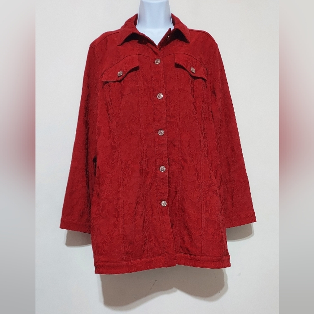 Chico's Red Jacquard Stretch Longline Jacket Sz-16/18